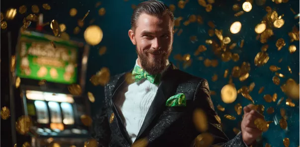 Homem feliz com moedas de ouro no WinWin